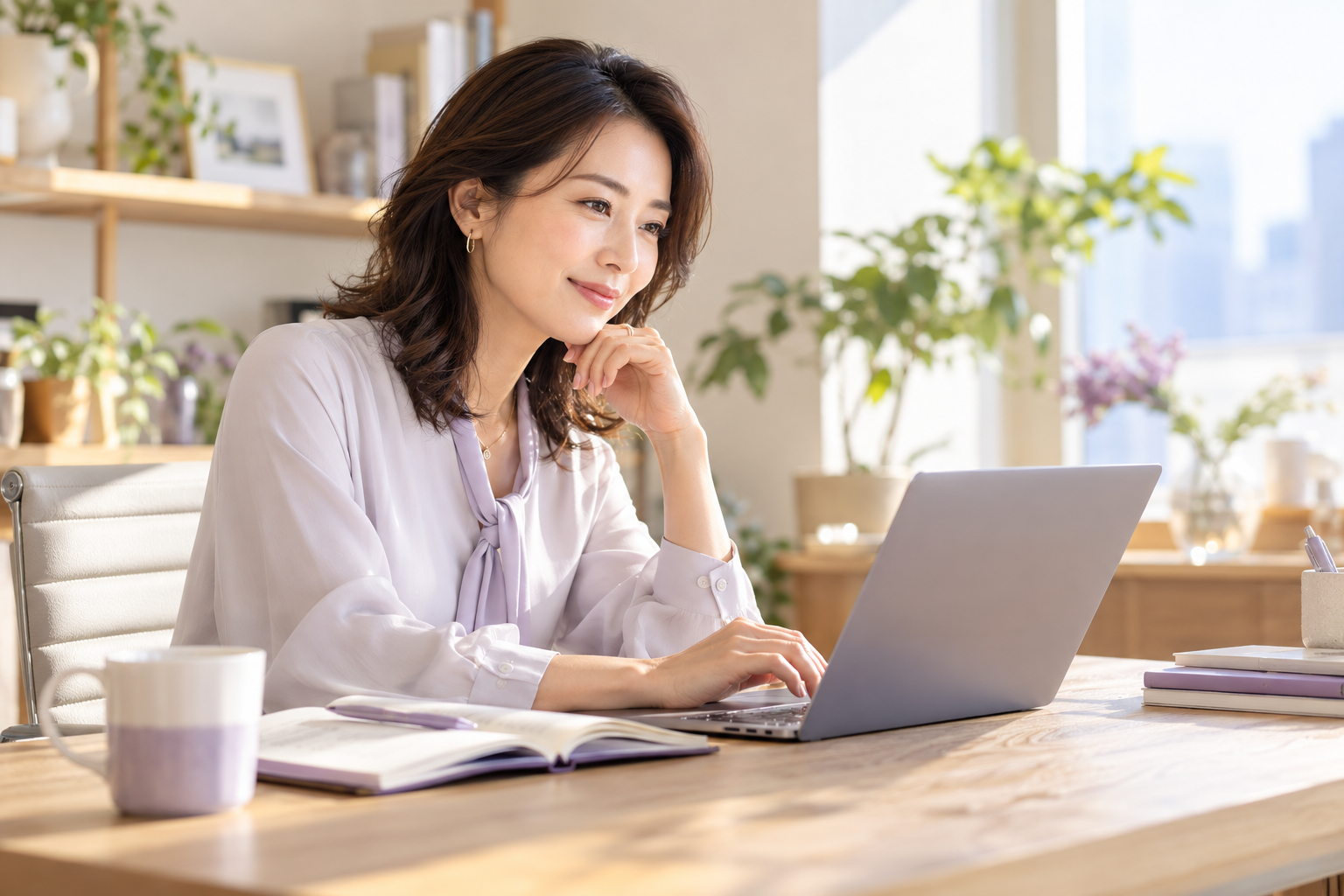明るいオフィスでパソコンを使って仕事に取り組む女性のイメージ